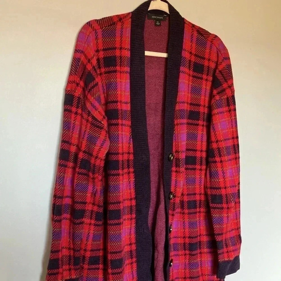 Ann Taylor purple red plaid  long cardigan - Picture 2 of 6